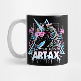 Neon unicorn artwork, futuristic mood, black style, wearing sunglasses, My little artax Mug